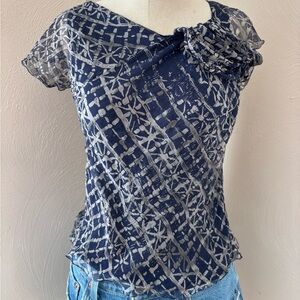 Vintage Silk Sheer Ruffle Navy Blue Blouse